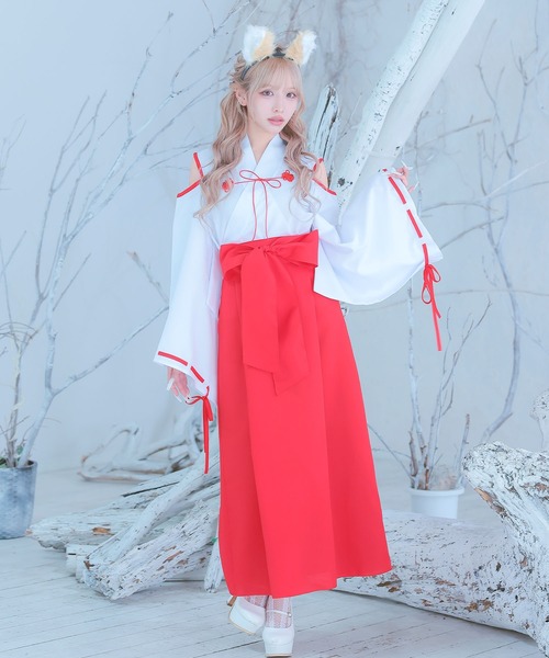 Tika(ティカ)の「コスプレ アニマル 巫女 狐 体型カバー 長袖 ロング丈 オープンショルダー リボン 和装 4点セット コンカフェ(コスチューム/パーティーグッズ・レディース・ホワイト×レッド/ホワイト×ピンク・M)」の9枚目の写真