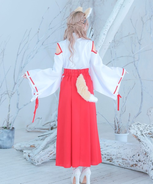 Tika(ティカ)の「コスプレ アニマル 巫女 狐 体型カバー 長袖 ロング丈 オープンショルダー リボン 和装 4点セット コンカフェ(コスチューム/パーティーグッズ・レディース・ホワイト×レッド/ホワイト×ピンク・M)」の10枚目の写真