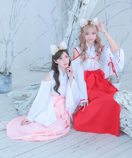 Tika(ティカ)の「コスプレ アニマル 巫女 狐 体型カバー 長袖 ロング丈 オープンショルダー リボン 和装 4点セット コンカフェ(コスチューム/パーティーグッズ・レディース・ホワイト×レッド/ホワイト×ピンク・M)」の11枚目の写真