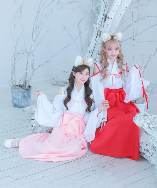 Tika(ティカ)の「コスプレ アニマル 巫女 狐 体型カバー 長袖 ロング丈 オープンショルダー リボン 和装 4点セット コンカフェ(コスチューム/パーティーグッズ・レディース・ホワイト×レッド/ホワイト×ピンク・M)」の12枚目の写真