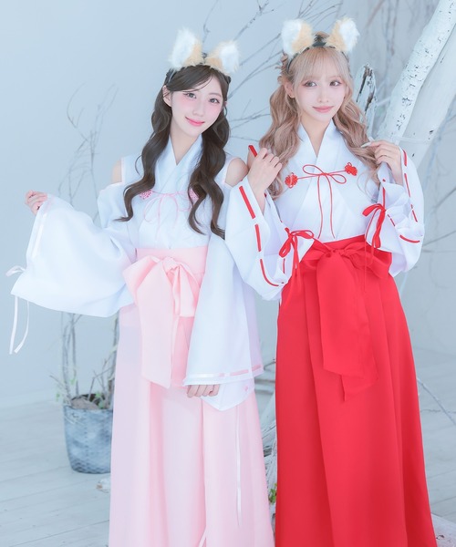 Tika(ティカ)の「コスプレ アニマル 巫女 狐 体型カバー 長袖 ロング丈 オープンショルダー リボン 和装 4点セット コンカフェ(コスチューム/パーティーグッズ・レディース・ホワイト×レッド/ホワイト×ピンク・M)」の13枚目の写真