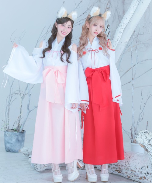 Tika(ティカ)の「コスプレ アニマル 巫女 狐 体型カバー 長袖 ロング丈 オープンショルダー リボン 和装 4点セット コンカフェ(コスチューム/パーティーグッズ・レディース・ホワイト×レッド/ホワイト×ピンク・M)」の14枚目の写真