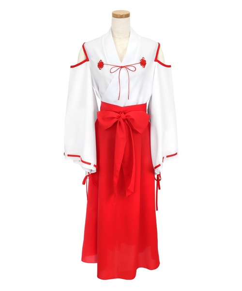 Tika(ティカ)の「コスプレ アニマル 巫女 狐 体型カバー 長袖 ロング丈 オープンショルダー リボン 和装 4点セット コンカフェ(コスチューム/パーティーグッズ・レディース・ホワイト×レッド/ホワイト×ピンク・M)」の18枚目の写真
