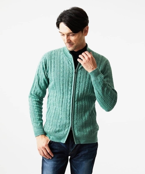 MICHEL KLEIN HOMME (ミッシェルクランオム)の「編み込みスタンドカラーニットブルゾン(カーディガン/ボレロ・メンズ・ライトグレー/グリーン/ブラック・MEDIUM/LARGE/X-LARGE)」の3枚目の写真