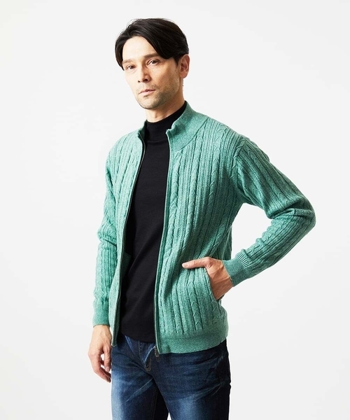 MICHEL KLEIN HOMME (ミッシェルクランオム)の「編み込みスタンドカラーニットブルゾン(カーディガン/ボレロ・メンズ・ライトグレー/グリーン/ブラック・MEDIUM/LARGE/X-LARGE)」の4枚目の写真