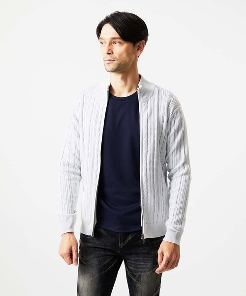 MICHEL KLEIN HOMME (ミッシェルクランオム)の「編み込みスタンドカラーニットブルゾン(カーディガン/ボレロ・メンズ・ライトグレー/グリーン/ブラック・MEDIUM/LARGE/X-LARGE)」の7枚目の写真