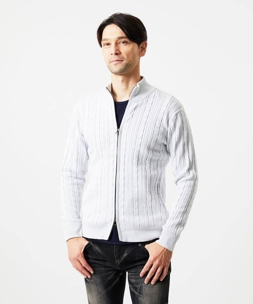 MICHEL KLEIN HOMME (ミッシェルクランオム)の「編み込みスタンドカラーニットブルゾン(カーディガン/ボレロ・メンズ・ライトグレー/グリーン/ブラック・MEDIUM/LARGE/X-LARGE)」の9枚目の写真
