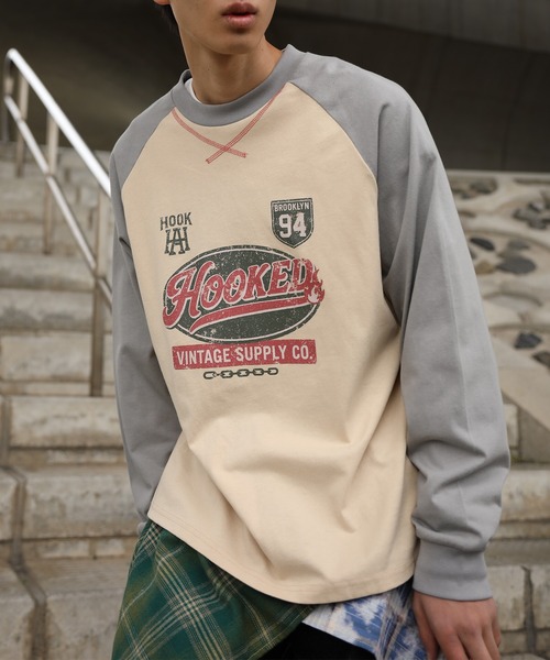 アメカジ古着好きVTG セール】HOOK -original- アメカジ古着風ロゴプリントラグランスリーブ