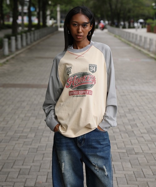 HOOK（フック）の「HOOK -original-　アメカジ古着風ロゴプリントラグランスリーブTEE（Tシャツ/カットソー・メンズ・ホワイト/ベージュ・L/M/XL）」の14枚目の写真