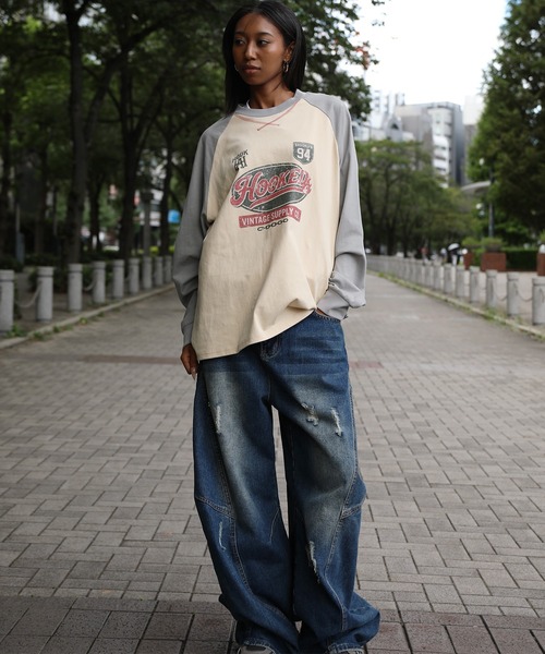 HOOK（フック）の「HOOK -original-　アメカジ古着風ロゴプリントラグランスリーブTEE（Tシャツ/カットソー・メンズ・ホワイト/ベージュ・L/M/XL）」の15枚目の写真