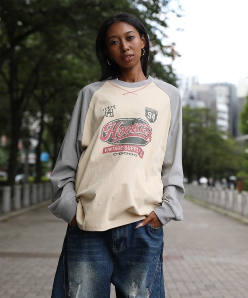 HOOK（フック）の「HOOK -original-　アメカジ古着風ロゴプリントラグランスリーブTEE（Tシャツ/カットソー・メンズ・ホワイト/ベージュ・L/M/XL）」の16枚目の写真