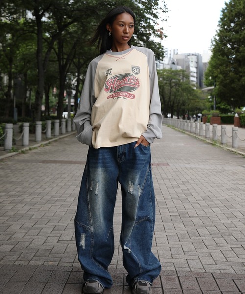 HOOK（フック）の「HOOK -original-　アメカジ古着風ロゴプリントラグランスリーブTEE（Tシャツ/カットソー・メンズ・ホワイト/ベージュ・L/M/XL）」の17枚目の写真