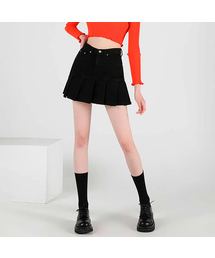 PLEATS DENIM SKIRT BLACK