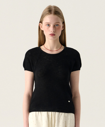 PUFF SLEEVE ROUND NECK KNIT TOP BLACK