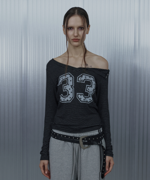 セール】33 STRIPE V-NECK TOP / BLACK（Tシャツ/カットソー）｜SETUP