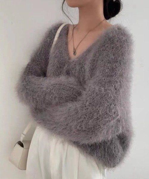 GLAMOROUS JANE(グラマラスジェーン)の「Vネックシャギーニットカーディガン(カーディガン/ボレロ・レディース・ホワイト/グレー/ブラック・FREE)」の13枚目の写真
