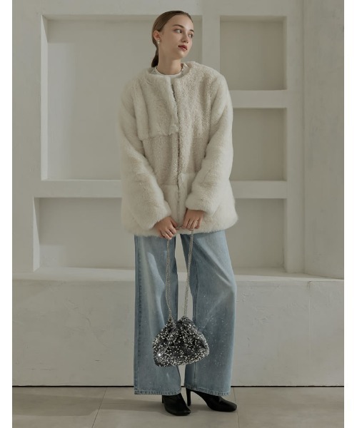 MEISM（ミズム）の「[2025-26 WINTER COLLECTION][MEISM by Re:EDIT]パッチワークボアファーノーカラーミドルコート（ノーカラージャケット・レディース・ブラック/オフホワイト・MEDIUM/LARGE）」の7枚目の写真