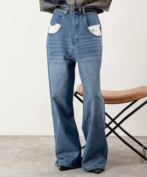 MILLION CARATS（ミリオンカラッツ）の「【差し色ポケットでこなれ見え】ワイドなのにすっきり細見え。リラクシーな穿き心地で気分は軽やか！体型カバーも叶う大人カジュアルなワイドデニム。（デニムパンツ・レディース・ブルー/グレー・FREE）」の3枚目の写真