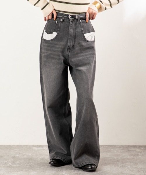 MILLION CARATS（ミリオンカラッツ）の「【差し色ポケットでこなれ見え】ワイドなのにすっきり細見え。リラクシーな穿き心地で気分は軽やか！体型カバーも叶う大人カジュアルなワイドデニム。（デニムパンツ・レディース・ブルー/グレー・FREE）」の14枚目の写真