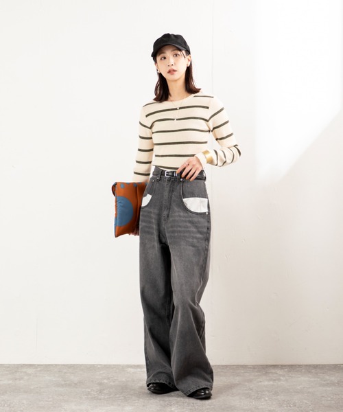 MILLION CARATS（ミリオンカラッツ）の「【差し色ポケットでこなれ見え】ワイドなのにすっきり細見え。リラクシーな穿き心地で気分は軽やか！体型カバーも叶う大人カジュアルなワイドデニム。（デニムパンツ・レディース・ブルー/グレー・FREE）」の16枚目の写真