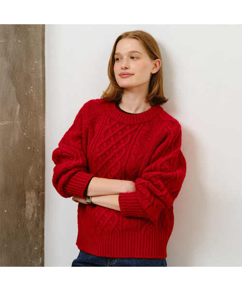 NONLOCAL(ノンローカル)の「Mixed Cable Shetland Wool Knit - Red(ニット/セーター・レディース・レッド・FREE)」の1枚目の写真
