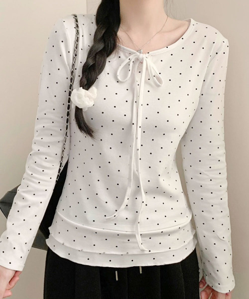 VIVID LADY(ビビッドレディー)の「ドット柄 リボン カットソー ロングT(Tシャツ/カットソー・レディース・ブラック/グレー/ホワイト・FREE)」の1枚目の写真