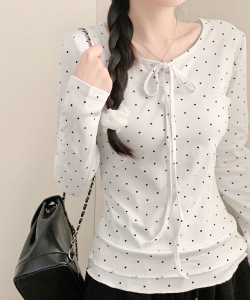 VIVID LADY(ビビッドレディー)の「ドット柄 リボン カットソー ロングT(Tシャツ/カットソー・レディース・ブラック/グレー/ホワイト・FREE)」の5枚目の写真