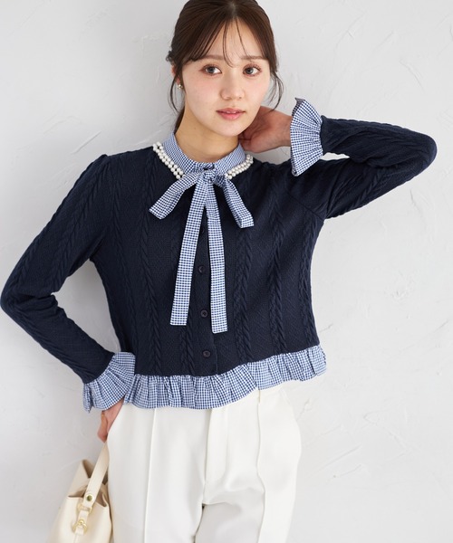 tocco closet（トッコ　クローゼット）の「【ZOZO限定】ギンガムチェックボウタイケーブルニットトップス（ニット/セーター・レディース・ネイビー/グレー/アイボリー・M）」の3枚目の写真