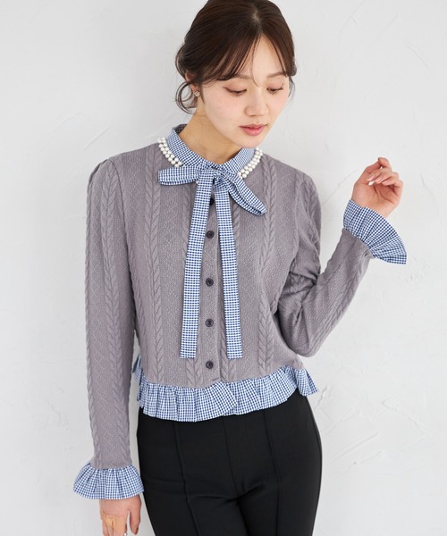 tocco closet（トッコ　クローゼット）の「【ZOZO限定】ギンガムチェックボウタイケーブルニットトップス（ニット/セーター・レディース・ネイビー/グレー/アイボリー・M）」の2枚目の写真