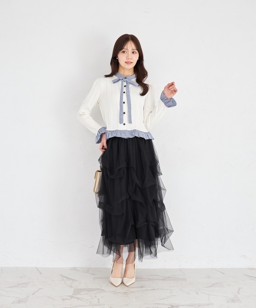 tocco closet（トッコ　クローゼット）の「【ZOZO限定】ギンガムチェックボウタイケーブルニットトップス（ニット/セーター・レディース・ネイビー/グレー/アイボリー・M）」の4枚目の写真