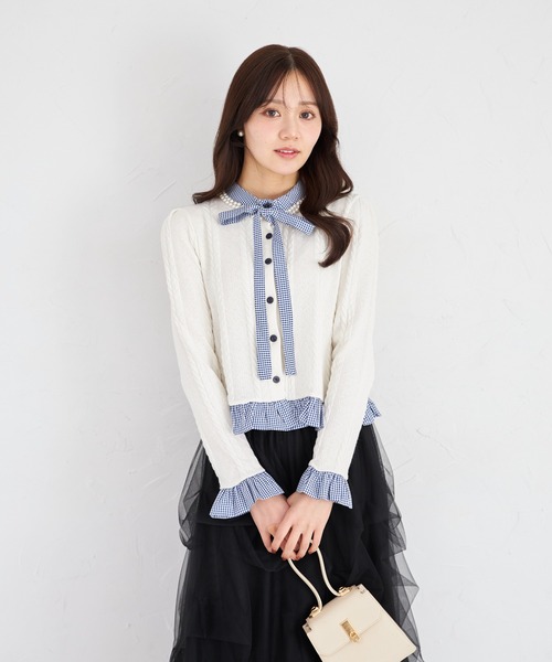 tocco closet（トッコ　クローゼット）の「【ZOZO限定】ギンガムチェックボウタイケーブルニットトップス（ニット/セーター・レディース・ネイビー/グレー/アイボリー・M）」の5枚目の写真