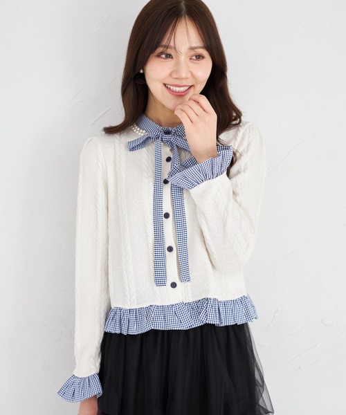 tocco closet（トッコ　クローゼット）の「【ZOZO限定】ギンガムチェックボウタイケーブルニットトップス（ニット/セーター・レディース・ネイビー/グレー/アイボリー・M）」の6枚目の写真