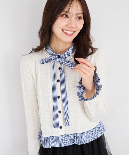 tocco closet（トッコ　クローゼット）の「【ZOZO限定】ギンガムチェックボウタイケーブルニットトップス（ニット/セーター・レディース・ネイビー/グレー/アイボリー・M）」の8枚目の写真