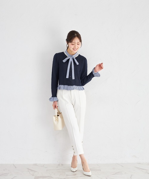 tocco closet（トッコ　クローゼット）の「【ZOZO限定】ギンガムチェックボウタイケーブルニットトップス（ニット/セーター・レディース・ネイビー/グレー/アイボリー・M）」の10枚目の写真