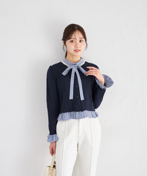 tocco closet（トッコ　クローゼット）の「【ZOZO限定】ギンガムチェックボウタイケーブルニットトップス（ニット/セーター・レディース・ネイビー/グレー/アイボリー・M）」の12枚目の写真