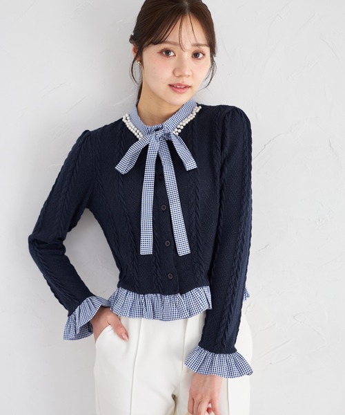 tocco closet（トッコ　クローゼット）の「【ZOZO限定】ギンガムチェックボウタイケーブルニットトップス（ニット/セーター・レディース・ネイビー/グレー/アイボリー・M）」の13枚目の写真