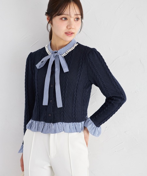 tocco closet（トッコ　クローゼット）の「【ZOZO限定】ギンガムチェックボウタイケーブルニットトップス（ニット/セーター・レディース・ネイビー/グレー/アイボリー・M）」の14枚目の写真