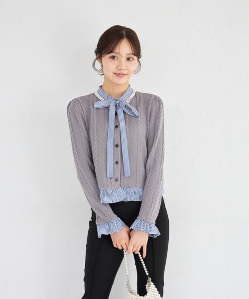tocco closet（トッコ　クローゼット）の「【ZOZO限定】ギンガムチェックボウタイケーブルニットトップス（ニット/セーター・レディース・ネイビー/グレー/アイボリー・M）」の17枚目の写真