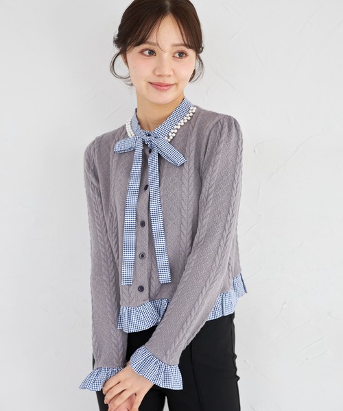 tocco closet（トッコ　クローゼット）の「【ZOZO限定】ギンガムチェックボウタイケーブルニットトップス（ニット/セーター・レディース・ネイビー/グレー/アイボリー・M）」の19枚目の写真