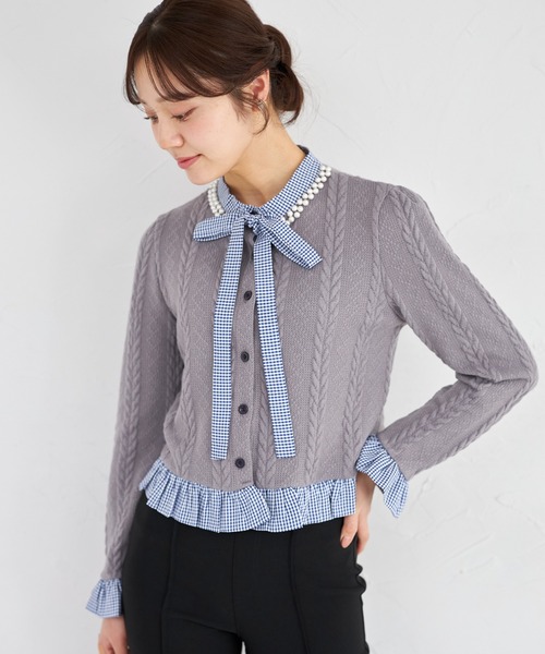 tocco closet（トッコ　クローゼット）の「【ZOZO限定】ギンガムチェックボウタイケーブルニットトップス（ニット/セーター・レディース・ネイビー/グレー/アイボリー・M）」の20枚目の写真