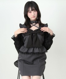 DearMyLove（ディアマイラブ）の「ビッグリボンハートスタッズチョーカー風レース袖フリルワンピース（ワンピース）」