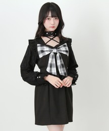 DearMyLove（ディアマイラブ）の「ビッグリボンハートスタッズチョーカー風レース袖フリルワンピース（ワンピース）」