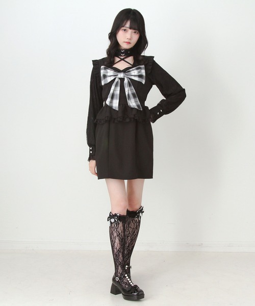 DearMyLove(ディアマイラブ)の「ビッグリボンハートスタッズチョーカー風レース袖フリルワンピース(ワンピース・レディース・ブラック/グレー・LL~3L/M-L/S-M)」の8枚目の写真