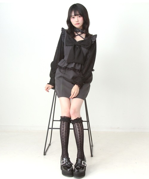 DearMyLove(ディアマイラブ)の「ビッグリボンハートスタッズチョーカー風レース袖フリルワンピース(ワンピース・レディース・ブラック/グレー・LL~3L/M-L/S-M)」の9枚目の写真