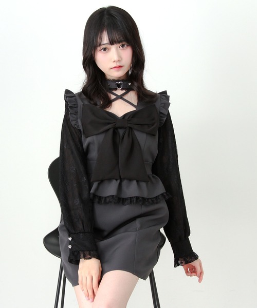 DearMyLove(ディアマイラブ)の「ビッグリボンハートスタッズチョーカー風レース袖フリルワンピース(ワンピース・レディース・ブラック/グレー・LL~3L/M-L/S-M)」の10枚目の写真