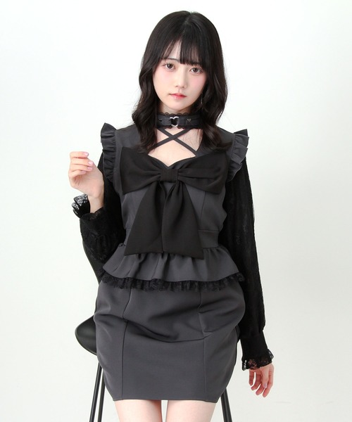 DearMyLove(ディアマイラブ)の「ビッグリボンハートスタッズチョーカー風レース袖フリルワンピース(ワンピース・レディース・ブラック/グレー・LL~3L/M-L/S-M)」の11枚目の写真