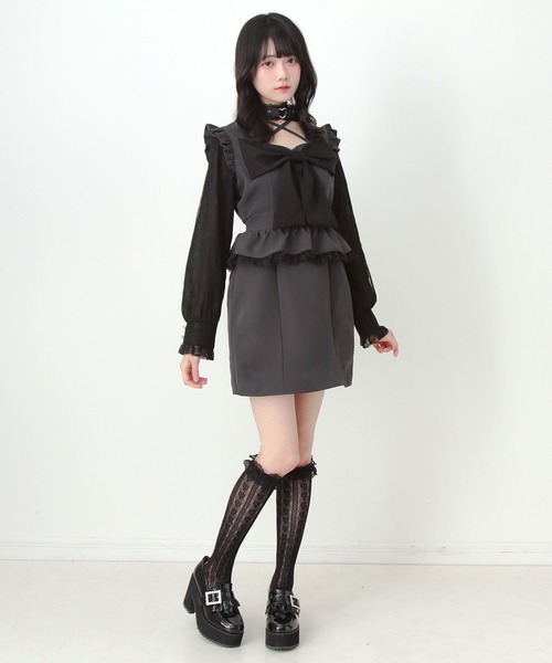 DearMyLove(ディアマイラブ)の「ビッグリボンハートスタッズチョーカー風レース袖フリルワンピース(ワンピース・レディース・ブラック/グレー・LL~3L/M-L/S-M)」の12枚目の写真