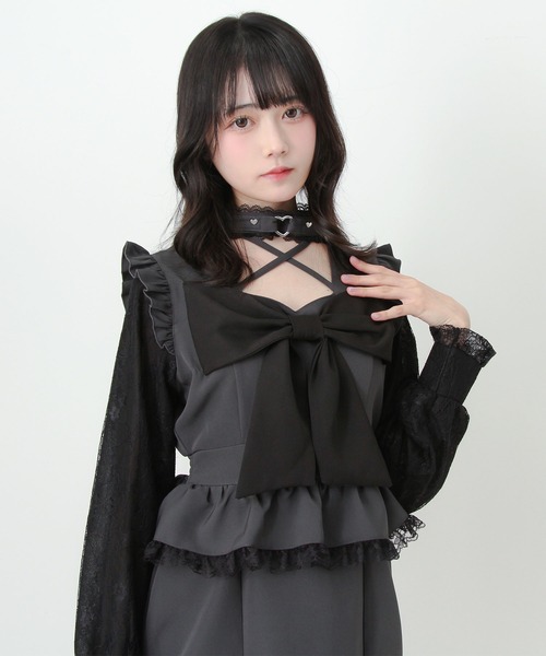 DearMyLove(ディアマイラブ)の「ビッグリボンハートスタッズチョーカー風レース袖フリルワンピース(ワンピース・レディース・ブラック/グレー・LL~3L/M-L/S-M)」の14枚目の写真