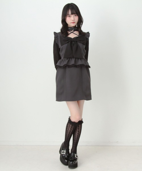 DearMyLove(ディアマイラブ)の「ビッグリボンハートスタッズチョーカー風レース袖フリルワンピース(ワンピース・レディース・ブラック/グレー・LL~3L/M-L/S-M)」の17枚目の写真