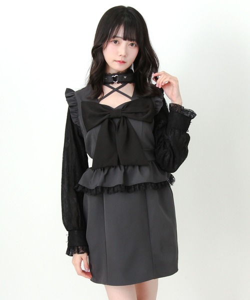 DearMyLove(ディアマイラブ)の「ビッグリボンハートスタッズチョーカー風レース袖フリルワンピース(ワンピース・レディース・ブラック/グレー・LL~3L/M-L/S-M)」の18枚目の写真